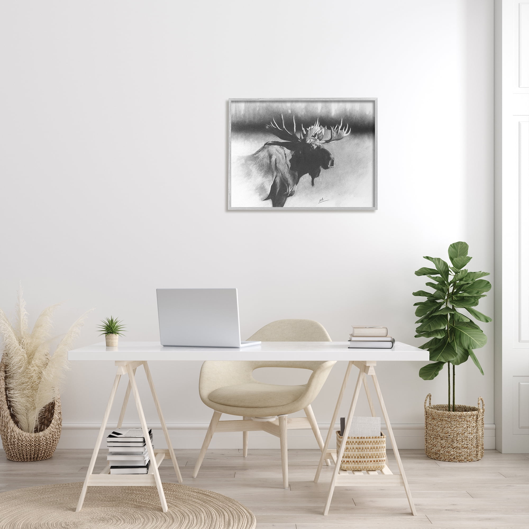 Stupell Industries Moose in Rustic Forest Realistic Pencil Animals & Insects Drawing Gray Framed Art Print Wall Art, 24 x 30