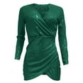 thumbnail image 4 of Women's V-Neck Long Sleeve Wrap Mini Dress Shiny Pleated Cocktail Party, 4 of 5
