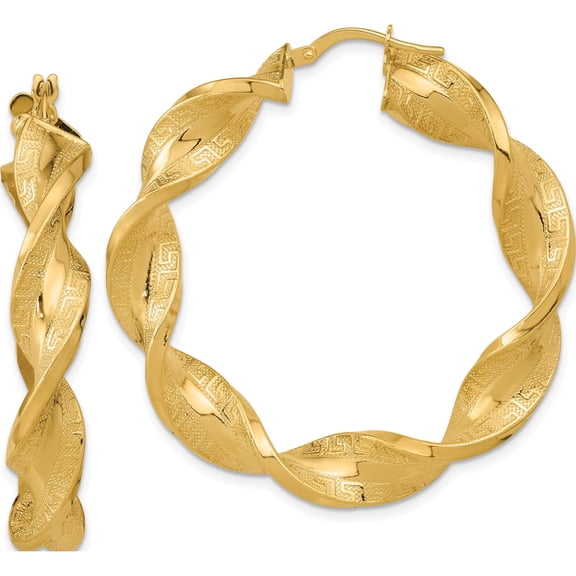 14K Yellow Gold Polished & Greek Satin Twisted Hoop Earrings (43.6 X 42.75) Made In Italy tf2112