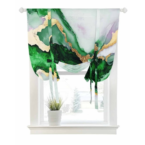 Modern Marble Tie Up Curtains for Window, Thermal Insulted Balloon Shade Adjustable Rod Pocket Curtains Valance Panels for Kitchen Bathroom Cafe 42 x 54 Teal Ombre Abstract Art Waves Texture