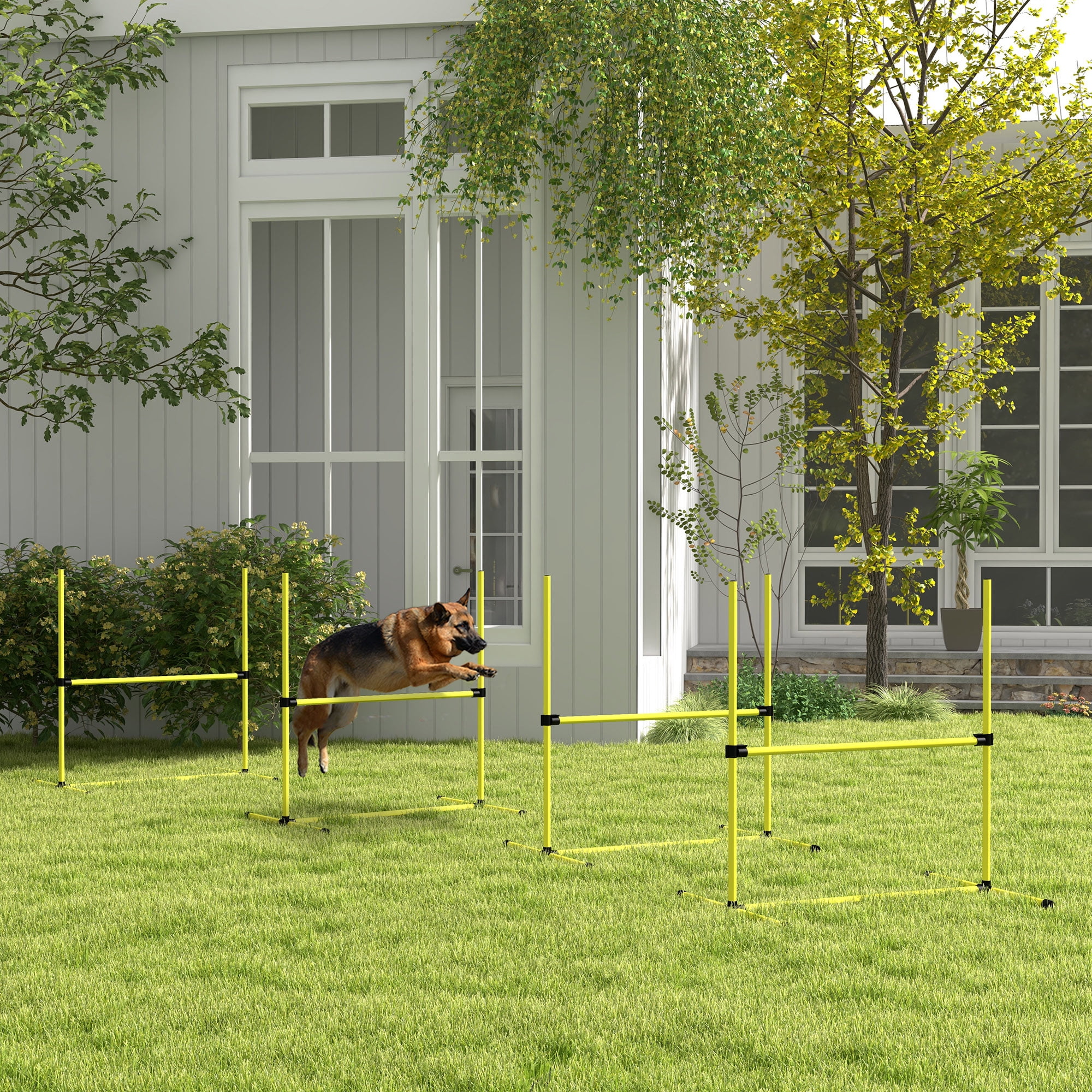 4 Piece Dog Agility Training Equipment for Dog Agility Course with Adjustable Height Jump Bars, Included Carry Bag, & Displacing Top Bar, Yellow