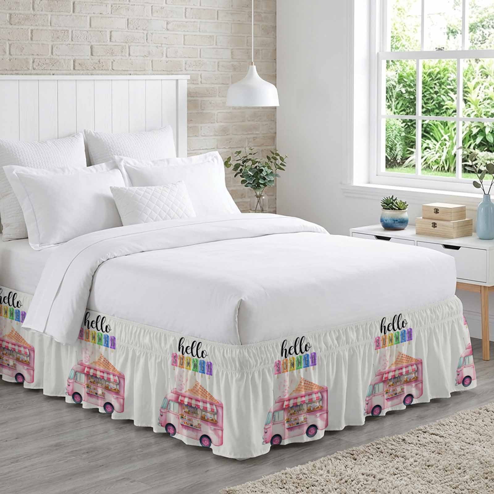 Hello Summer Bed Skirt Queen Size, Pink Ice Cream Truck Watercolor Wrap Around Bed Skirting with Adjustable Elastic Strap, Dust Ruffle Pleated Bedskirts 16 Inch Drop for Bedroom Queen Beds