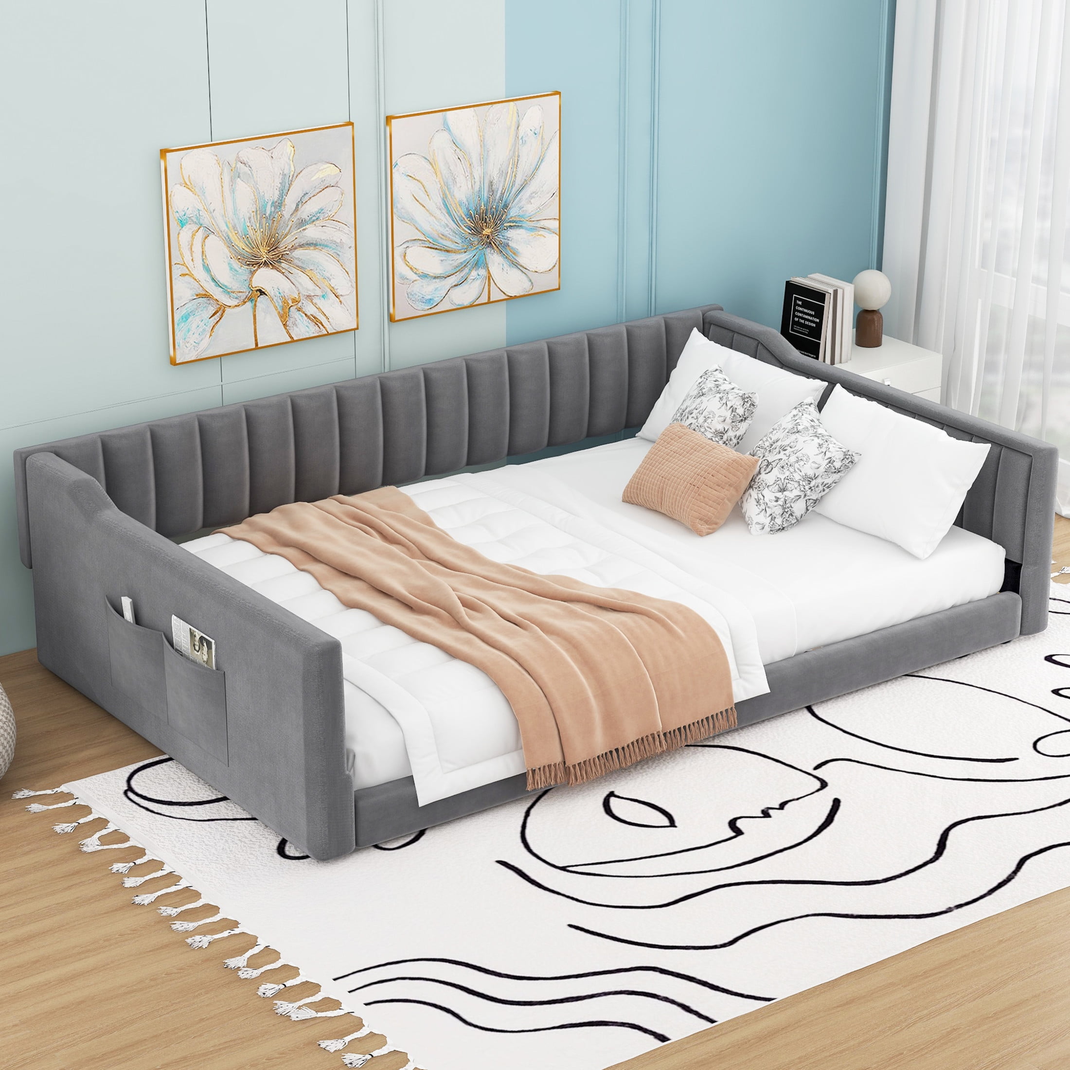 Noble House Full XL Upholstered Daybed, Velvet Vertical Channel Tufting with Side Storage Pocket, Space Saving, Gray