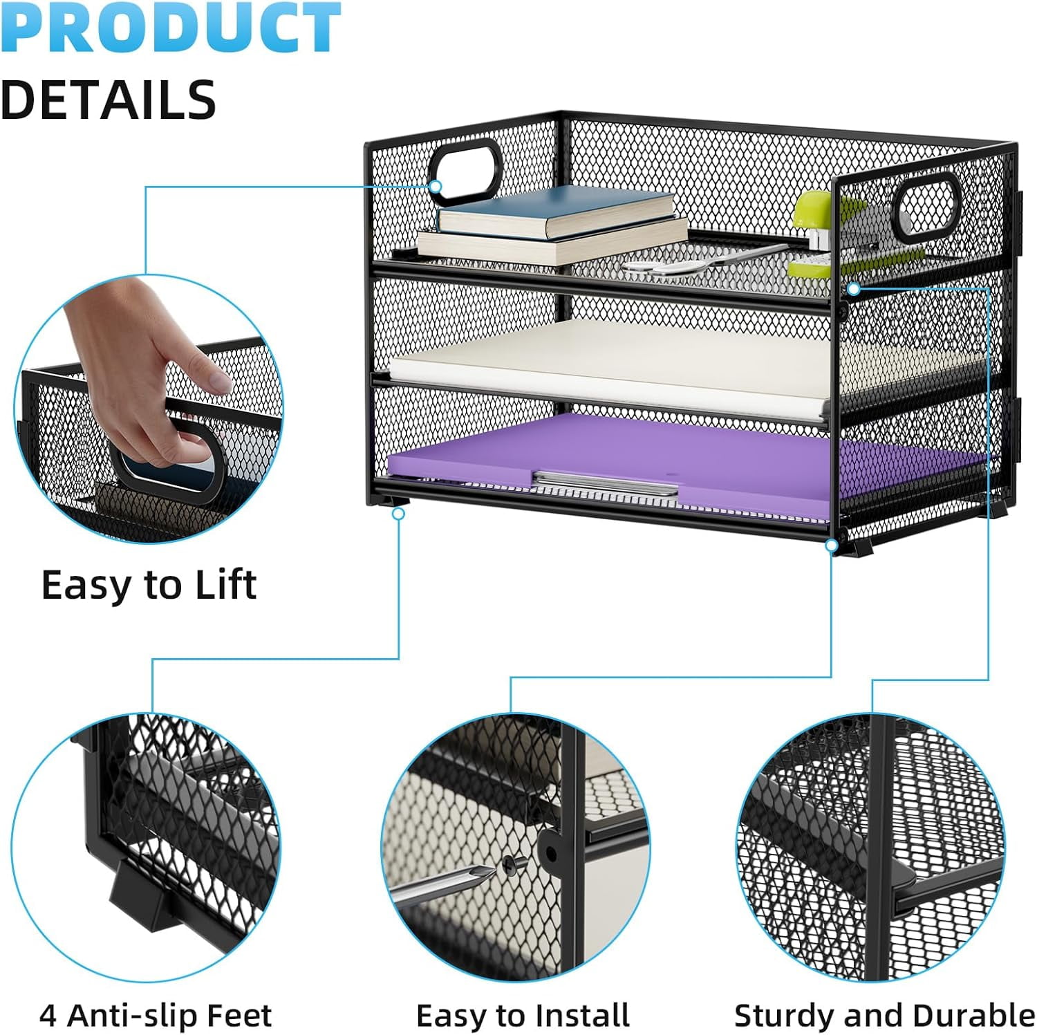3 Tier Paper Organizer Letter Tray, Mesh File Organizer with Handle, Paper Sorter Desk Organizer for Home Office Supplies