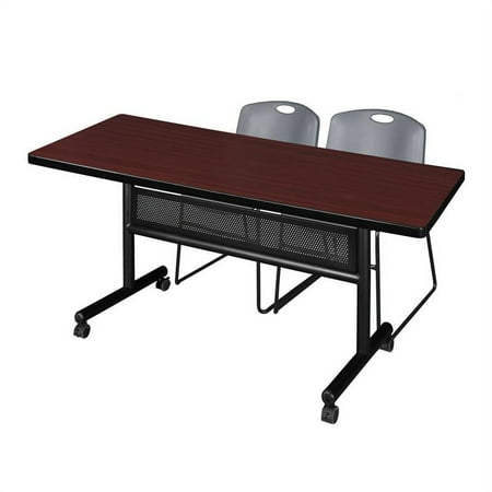 UPC: 0192357021699 | 72  x 30  Flip Top Mobile Training Table w/ Divider- Mahogany & 2 Stack Chairs