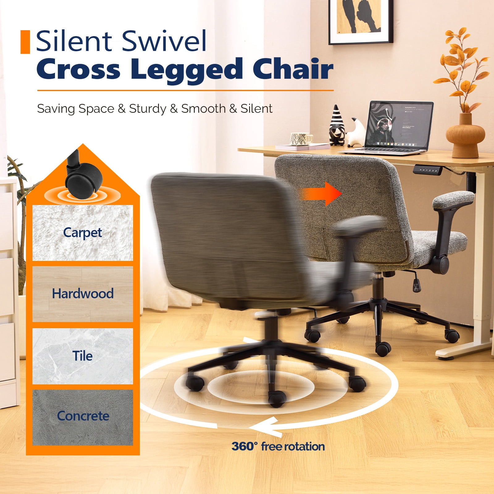 Ktaxon Office Chair with Chenille Fleece Upholstery, Flip-Top Armrest Desk Chair on Metal Star Base, Adjustable Height & Quiet Casters for Home Study Gray