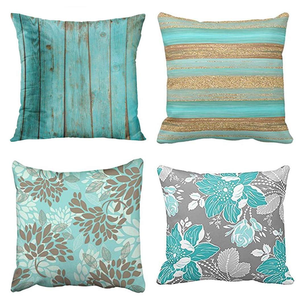 SUFAM Set of 4 Pillow Cases Turquoise Teal Green Pattern Wood Barn