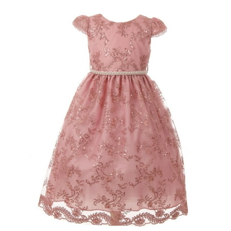 Girls Dusty Rose Sequin Embroidered Pearl Trim Junior Bridesmaid Dress ...