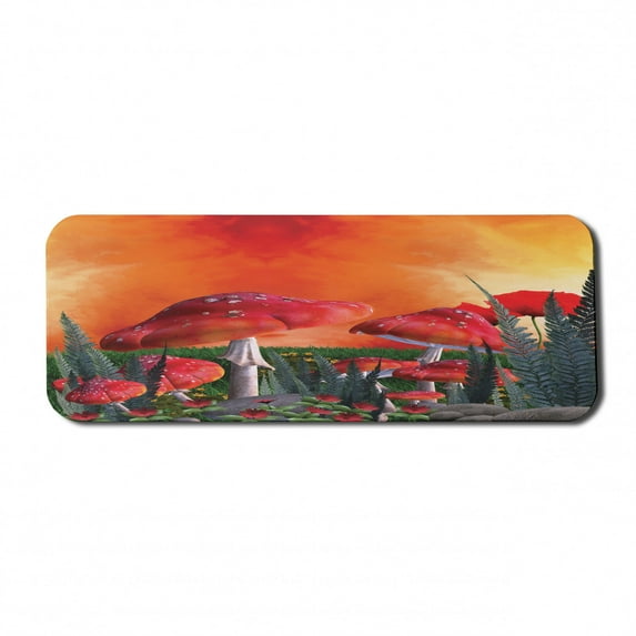 Mushroom Computer Mouse Pad, Mushrooms Magic Place Imaginary Clouds Clipart Leaves Poppies Spellbound, Rectangle Non-Slip Rubber Mousepad Large, 31" x 12" Gaming Size, Orange Red Taupe, by Ambesonne