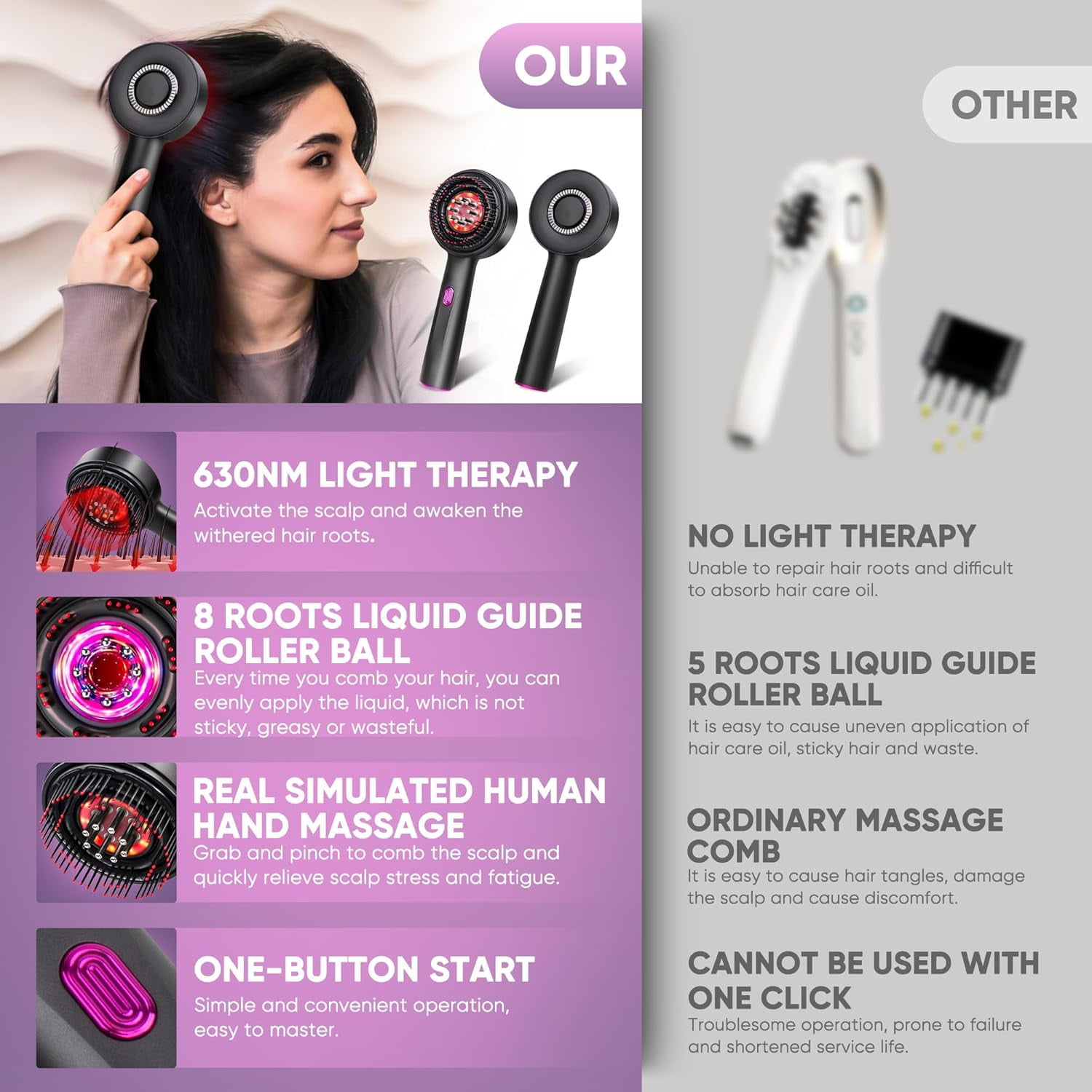 Red Light Therapy Hair Brush, Oil Applicator for Hair Care, Electric Massage Hair Comb for Head for Smoother, Thicker (Black)