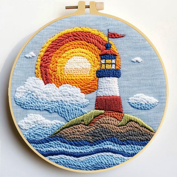 Punch Needle Kits Seaside Lighthouse and Sunset Embroidery Starter Set with Hoop Easy for Beginners DIY Stress Relief Handmade Craft Hobby and Home Decor 20x20cm-1