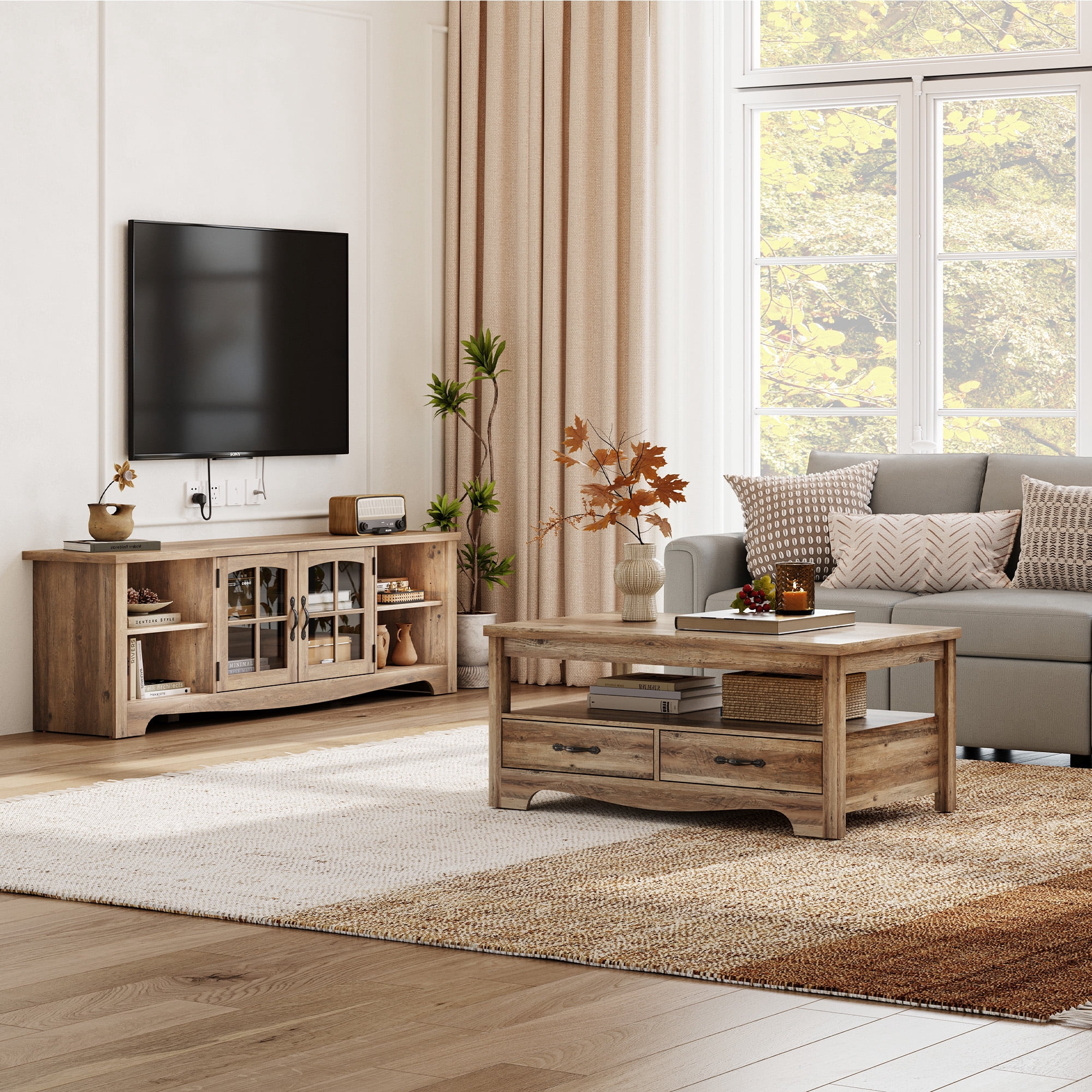 LINSY HOME Modern Farmhouse TV Stand for TVs up to 75", Home Entertainment Center with Storage Cabinet and Adjustable Shelves, Brown