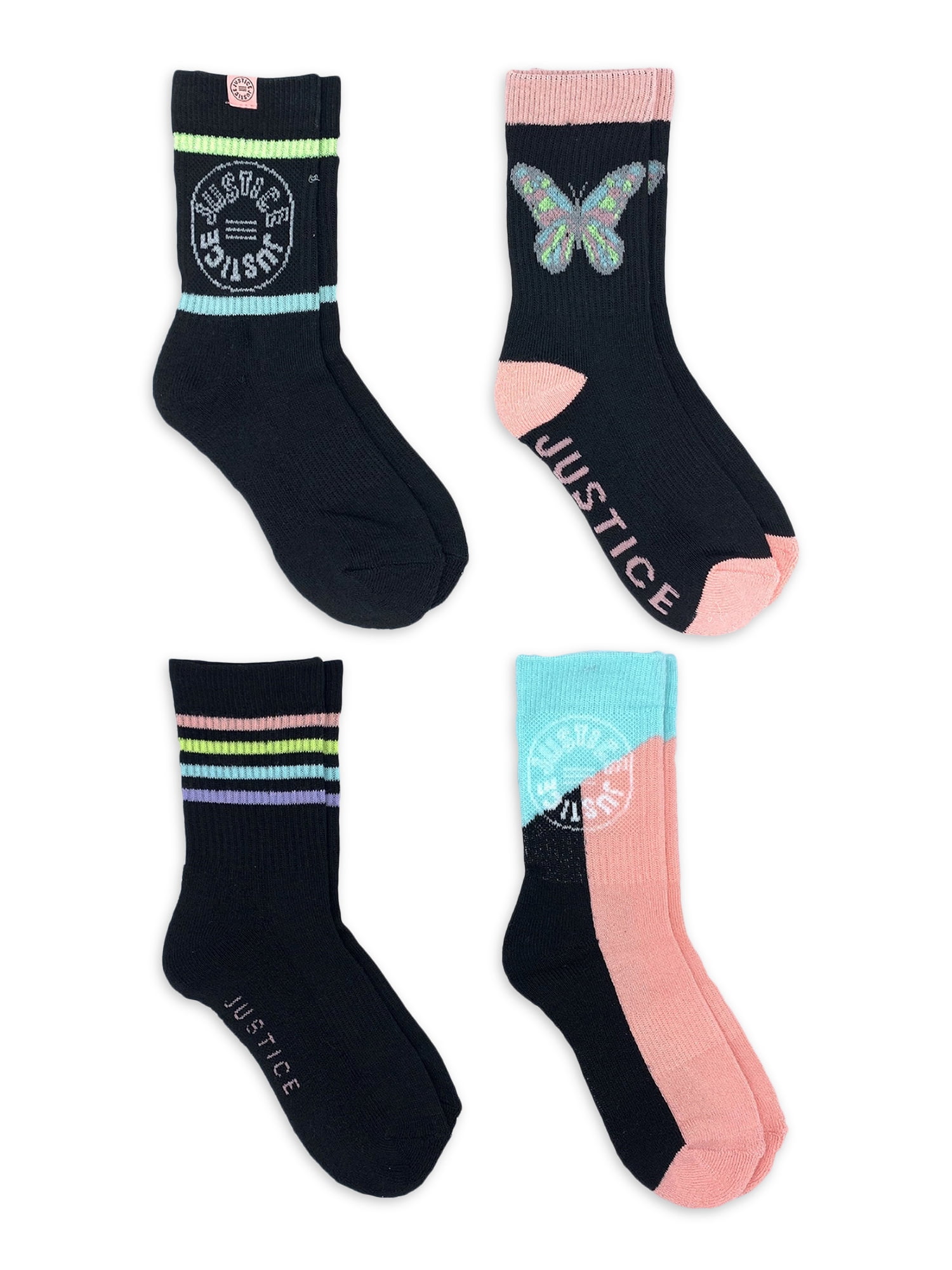Justice Girls Crew Socks, 4-Pack, Sizes M-L