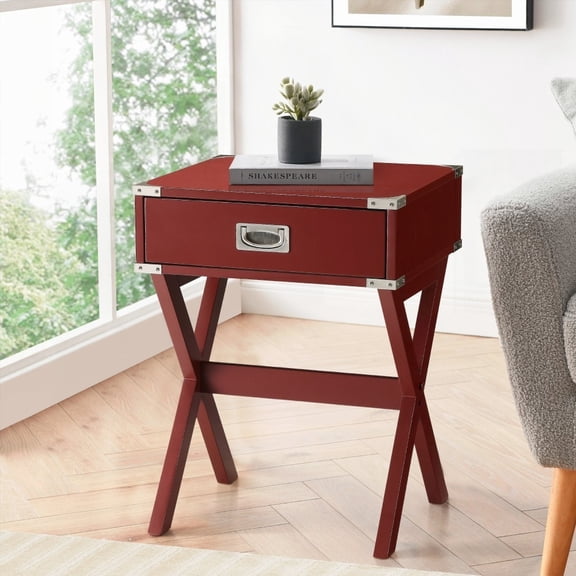 Rustic Red 1-Drawer End Table with Sturdy Wooden Base and Metal Corners