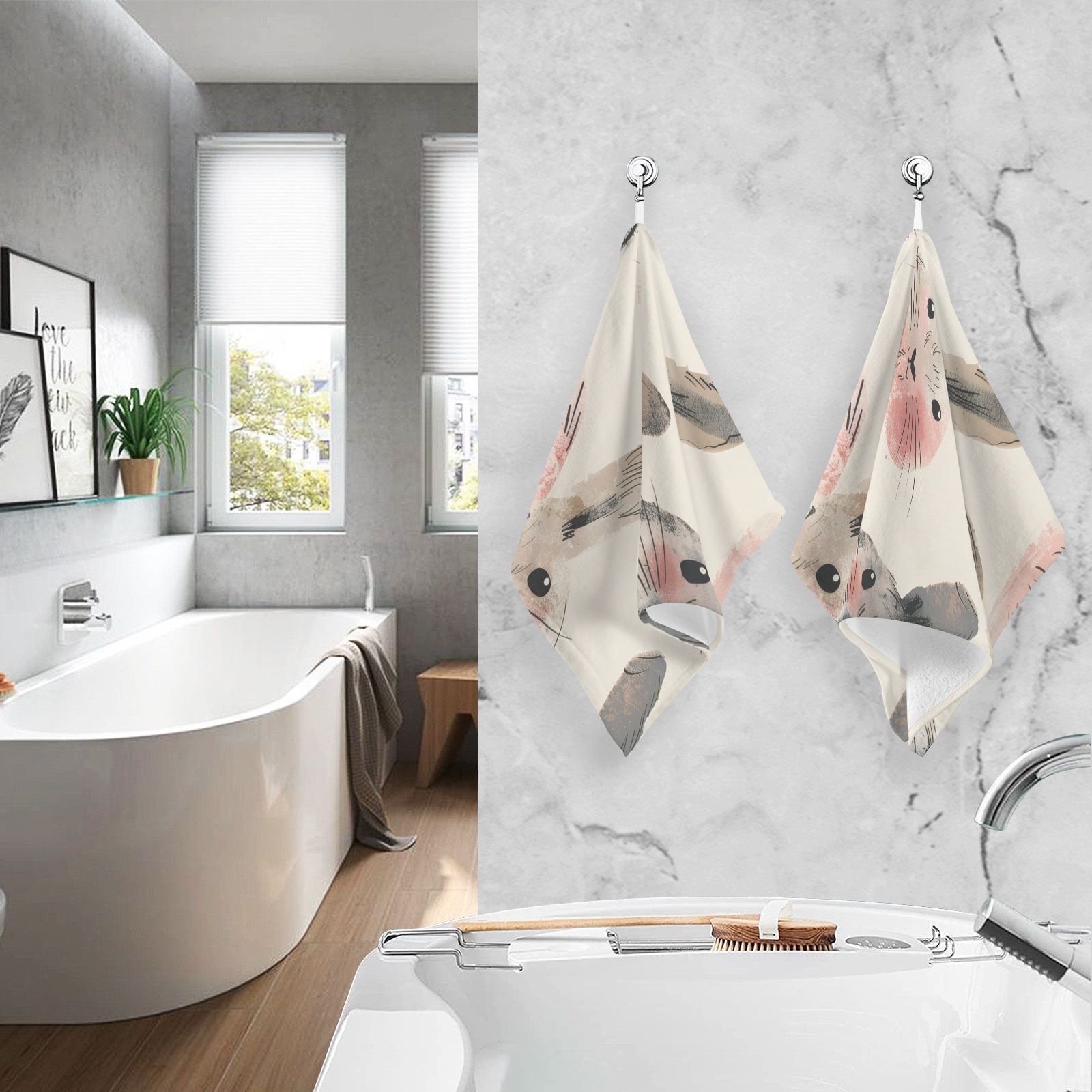 Cute Bunnies Rabbits Hand Towels Cotton Bath Towels Large Face Towels Absorbent for Bathroom 2 Packs