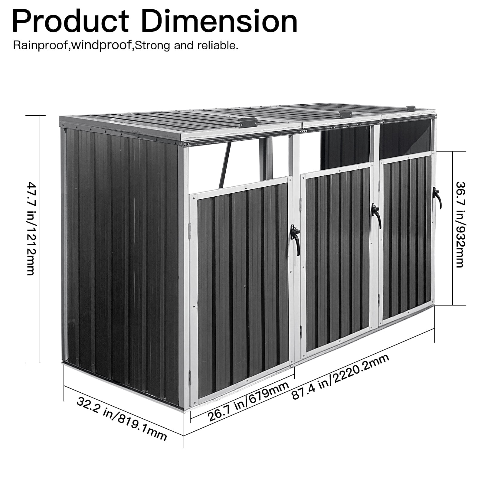 Aukfa 7.3' W Outdoor Garbage Bin Storage, Metal Storage Shed for 3 Trash Cans Tools, Waterproof Trash Can Storage, Gray