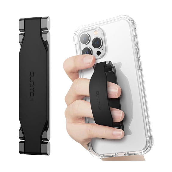 SURITCH Phone Grip Strap Finger Loop Holder for Back of Phone, 2-in-1 Soft Silicone Gripper Kickstand for iPhone Samsung and Most Cell Phone Cases, Long, Black