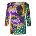 thumbnail image 5 of YUGYXL Fashion Mardi Gras 3/4 Sleeve Shirts for Women Casual Plus Size Party Mask Print Loose Comfy Tshirts Summer Crew Neck Tunic Fit Clothes Theme Party Carnival Tees, 5 of 5