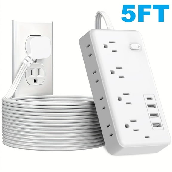 Flat Plug Surge Protector Outlet Extender Power Strip with Extension Cord, 8 AC Outlets, 4 USB Charging Ports (3 USB A & 1 USB C), Desk Charging Station, Compact Power Strip Outlet Extender for Home
