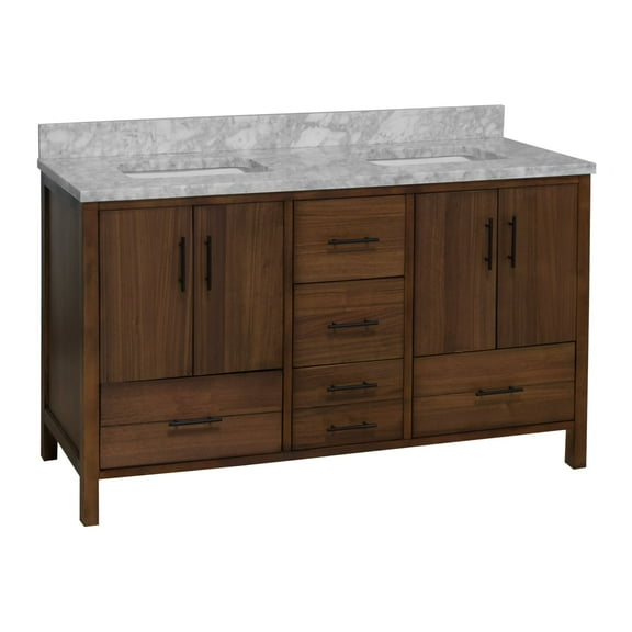 California 60" Double Bathroom Vanity with Walnut Cabinet and Carrara Marble Top
