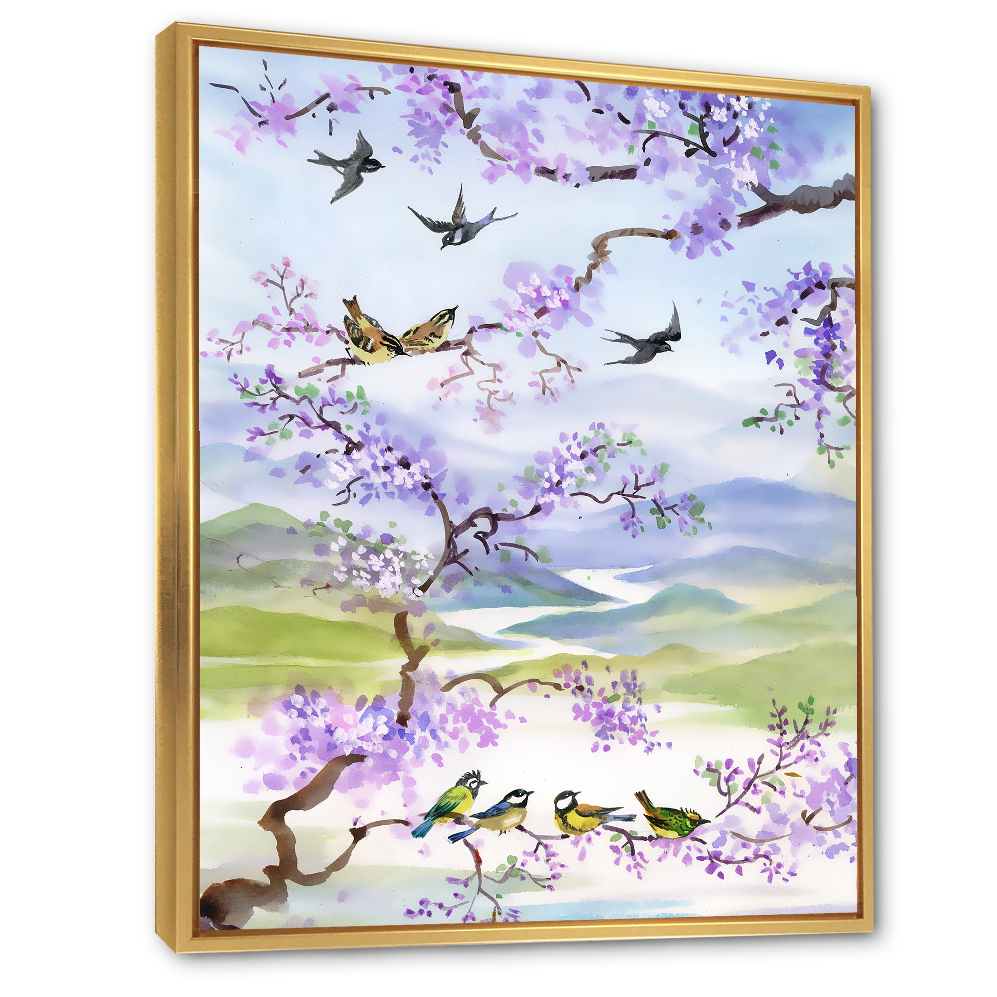 Designart 'Birds Sitting On Cherry Branch' Traditional Framed Canvas Wall Art Print