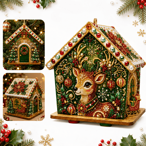 3D Christmas House Bead Art Kit, DIY Wooden Holiday Craft with Full-Coverage Beads, 5.7 in Tabletop and Hanging Ornament for Adults