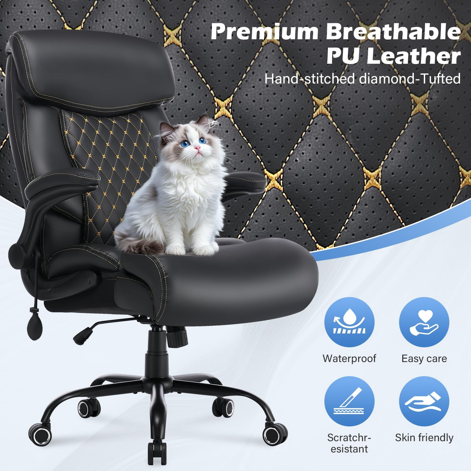 JONPONY Leather Office Chair,Big and Tall Office Chair 500LBS Wide Seat,Comfy Heavy Duty Executive Chair with Adjustable Lumbar Support for Back Pain,Black