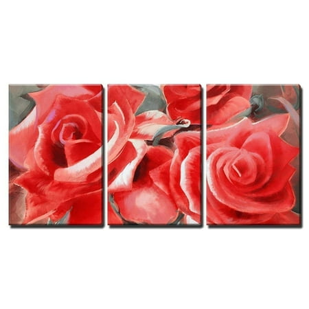 Hand Painted Wall Panels - wall26 - 3 Piece Canvas Wall Art - Red Roses Motif Hand Painted Oil on Canvas - Modern Home Decor Stretched and Framed Ready to Hang - 24