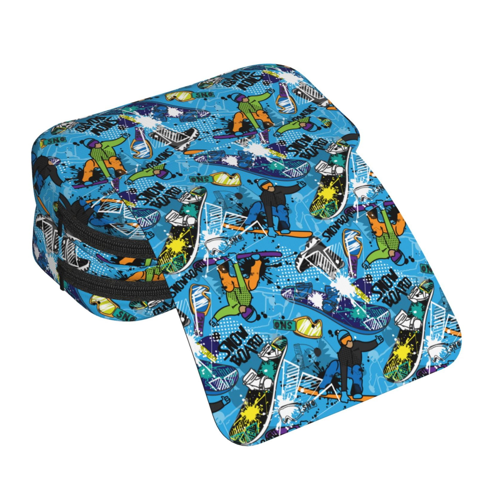 Rateoe snow board blue Pattern Double Clamshell Pen Case, Storage Organizer with Two Zipper Compartments– Holds Up to 50 Pencils & Pens