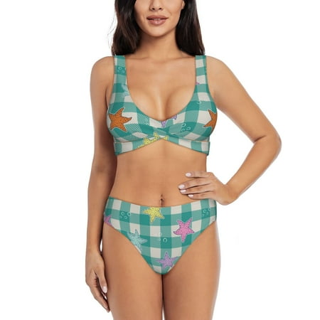 Zeuib Starfish On Checkered Background High Waisted Tummy Control Bikini Set - Knot Front Push Up Top & Cheeky Thong Bottom  Two-Piece Swimsuit for Women-XX-Large
