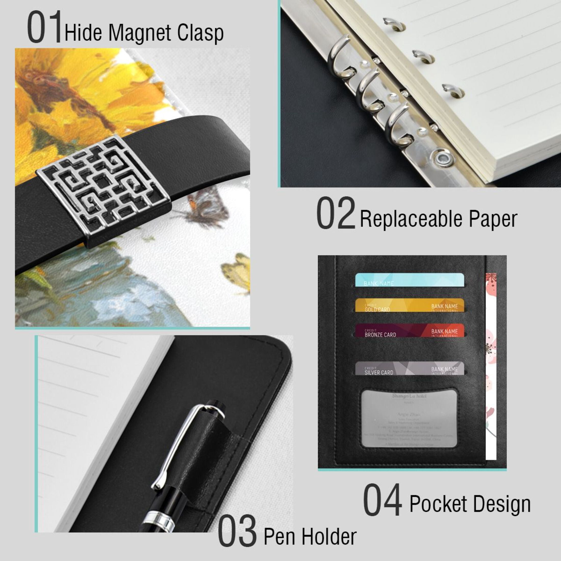 Leather Planner Leather Notebook Notebook Journal Binder Design Pen Pocket Design Convenient for Storage Sunflowers in Glass Jars