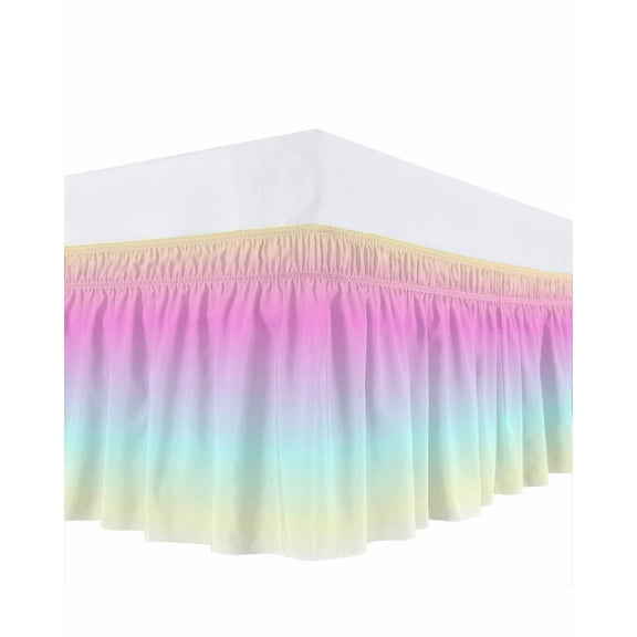 Pink Blue Bed Skirt California King Size 16" Drop Purple Yellow Gradient Ruffled Wrap Around Bed Skirts Adjustable Elastic Bedskirt Dust Ruffle for California King Size Bed