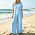 thumbnail image 2 of TOUMENY Spring Fall Jumpsuits for Women Wide Leg V Neck Button Front Jumpsuit Casual Loose Vacation Travel Lounge Romper Light Blue S, 2 of 7