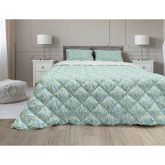 Flowers Comforter & Sham Bedding Set, Spring Garden of Daffodil Blooms Meadow Chamomile Flourishing Revival, 3 pcs Duvet Set Microfiber Filling Quilt, 5 Sizes, Turquoise and Marigold, by Ambesonne