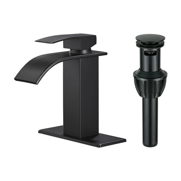Cobbe Single Handle Single Hole Matte Black Waterfall Bathroom Sink Faucet with Deck Plate and Pop-Up Drain Assembly