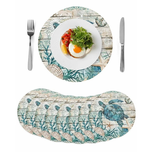 Retro Coastal Round Table Placemats set of 8, Wood Texture Sea Turtle Starfish Washable Woven Place Mats for Dining Tables Kitchen Party Decor,Heat Proof, 15in, Blue