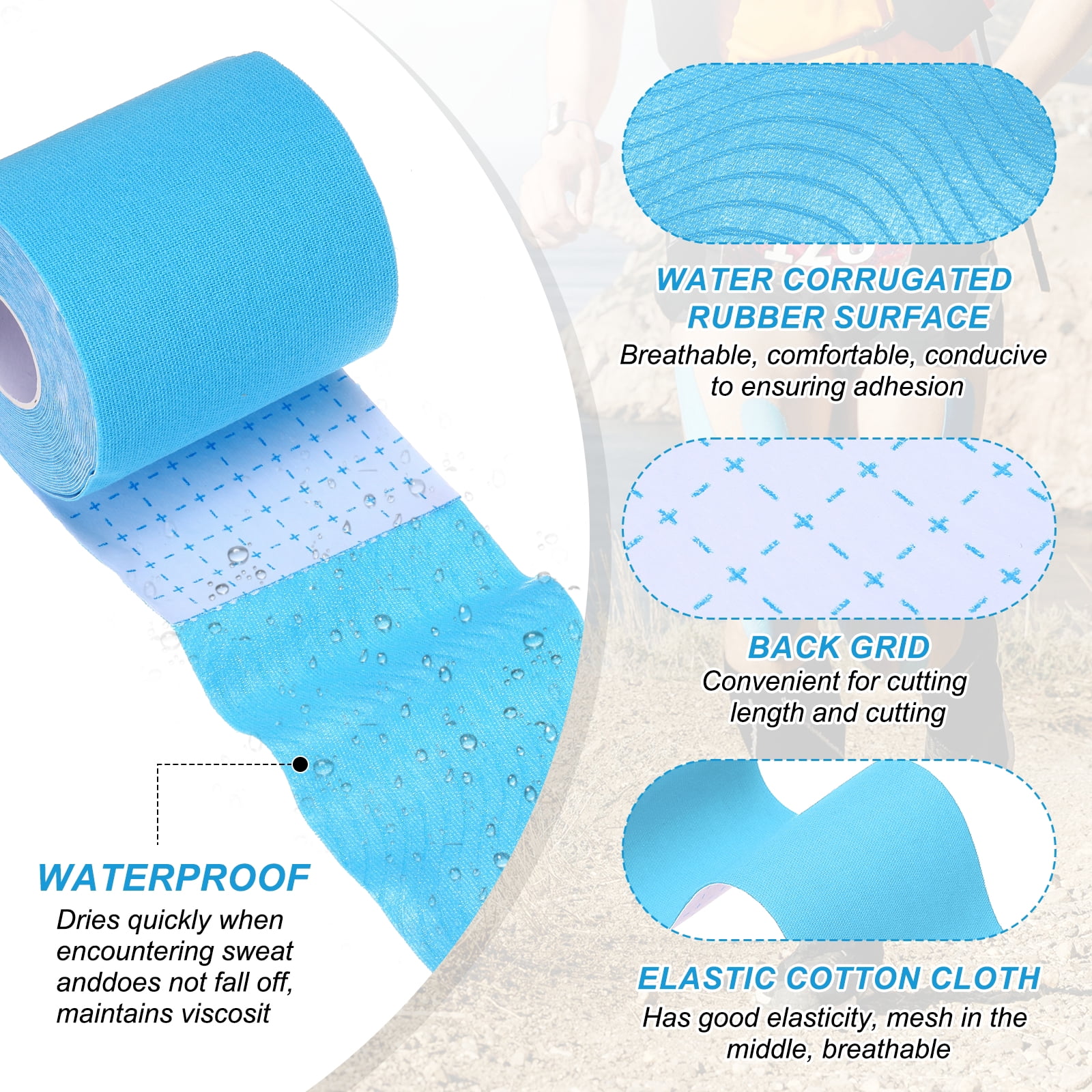 Uxcell 5.5 Yard x 3 Inch Kinesiology Tape, Adhesive Cotton Sports Muscle Support Tapes Waterproof Elastic Tape Light Blue 3 Roll