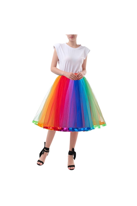 Womens Telle Skirts Rainbow Ribbon Layered Tutu Puff Skirts Colorful Ruffled Mesh Princess Dress Up Casual Party Fluffy Tutu Skirts