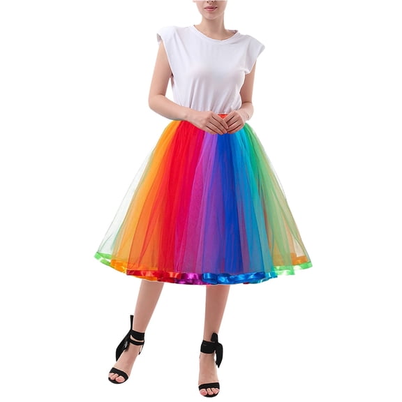 Bibifish Womens Telle Skirts Rainbow Ribbon Layered Tutu Puff Skirts Colorful Ruffled Mesh Princess Dress Up Casual Party Fluffy Tutu Skirts