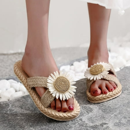 

Spring And Summer Imitation Straw Woven Women Flat Sandals And Flip Flops Beach Slippers Fuzzy Slide Slippers for Women Women Shower Slippers Cat Ears Indoor Outdoor Pool Beach Bath Slides Sandals