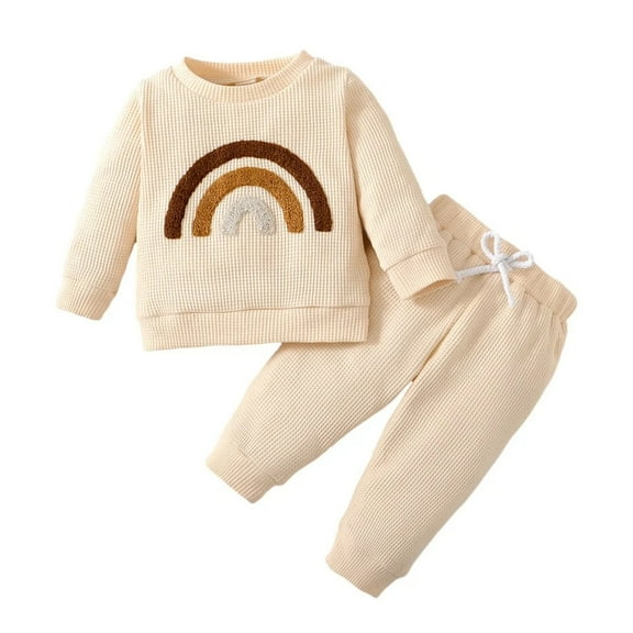 XBASW Toddler Baby Waffle Sweatshirt Sweatpants 2-Piece Set for Boys Girls Spring Fall Long-Sleeve Rainbow Printed Sweatsuit Outfit 0-24 Months