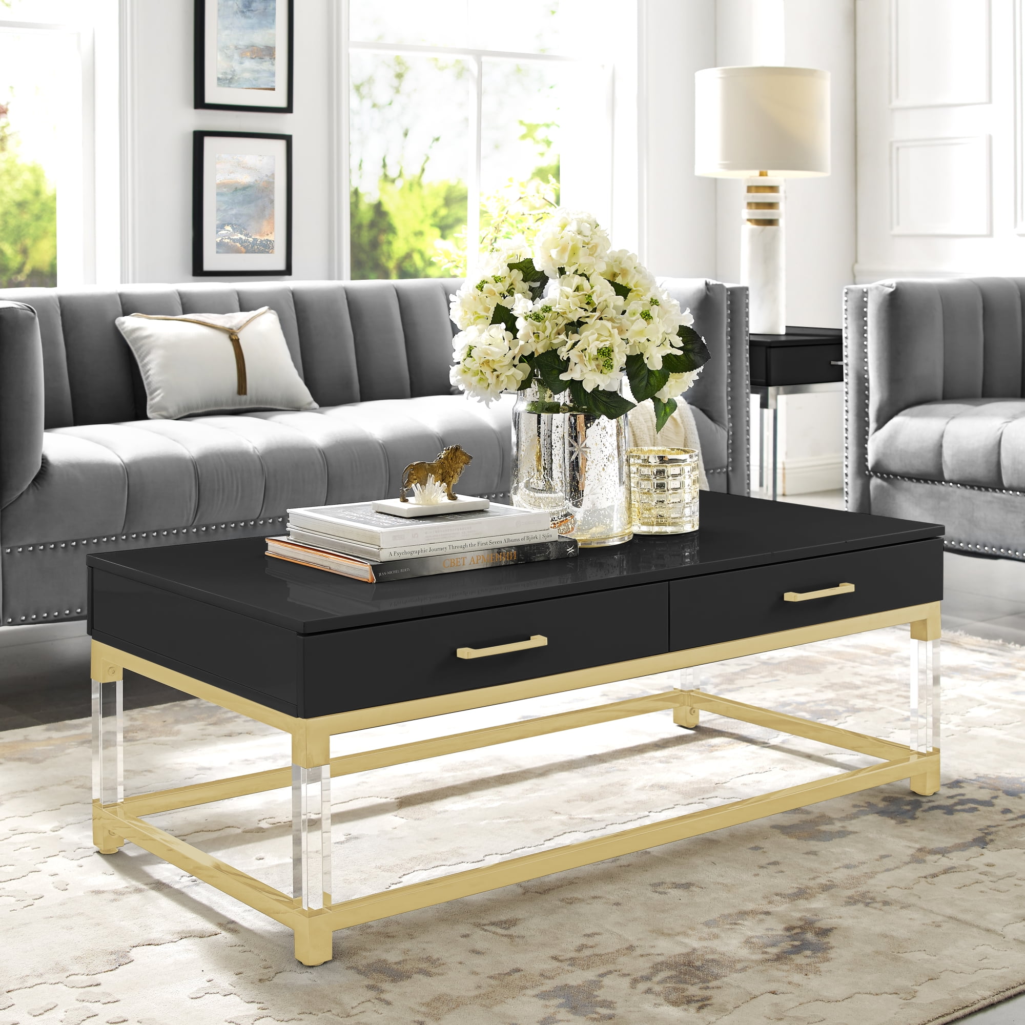 Inspired Home Alena Coffee Table 2 Drawers High Gloss Acrylic Legs Gold