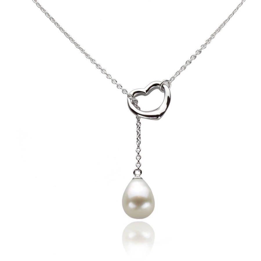 10-11mm White Freshwater Pearl and Sterling Silver Heart Chain Necklace by Generic