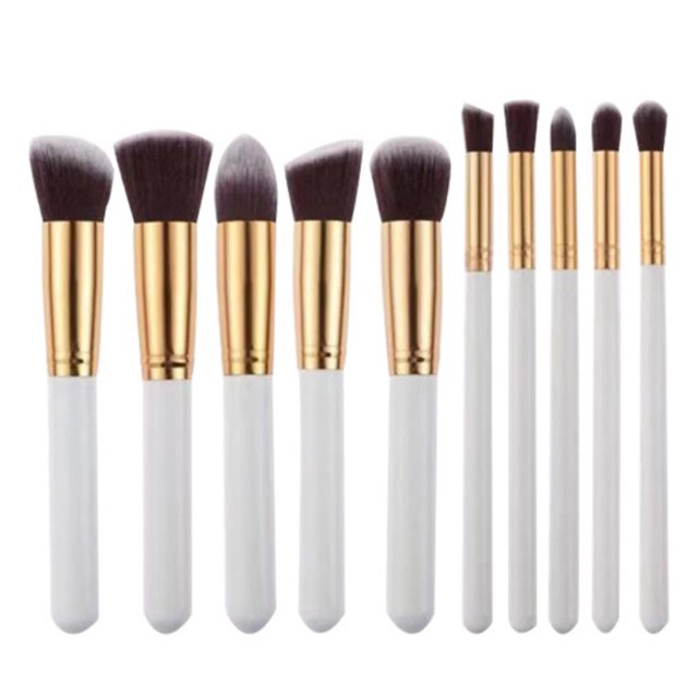 Juego de 10 brochas de maquillaje profesional, tamaño grande y pequeño, cerdas de fibra artificial suave, ideal para un efecto natural, mango de madera resistente, en elegante tono blanco dorado.