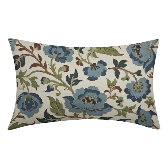 12×20 Inch Double Sided Vintage Blue Green Floral Lumbar Pillow Cover, Chinoiserie Boho Farmhouse Linen Cushion Case, Neutral Spring Decorative Throw Pillowcase for Sofa Couch Bed