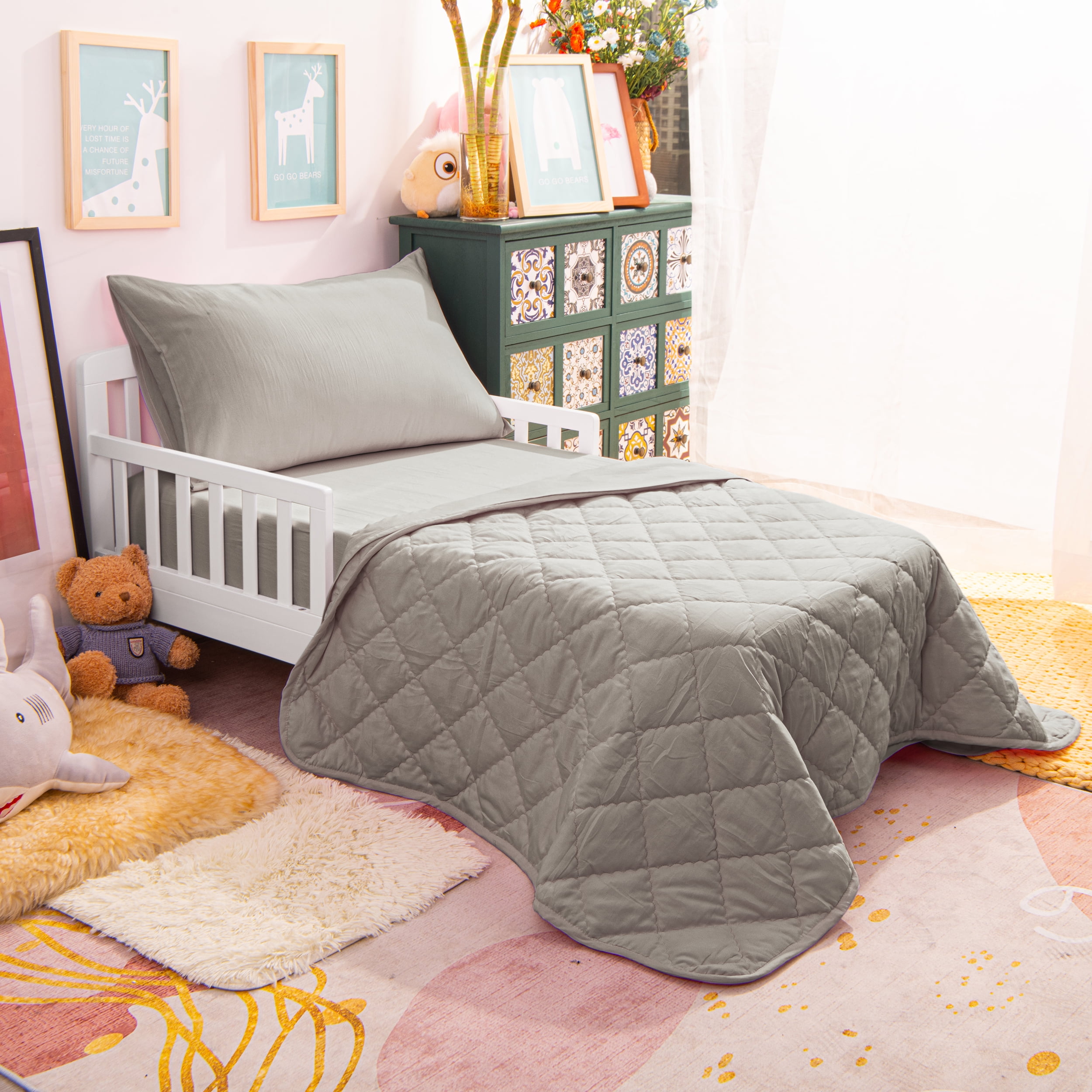 Organictune 4 Piece Microfiber Toddler Bedding Set, Breathable Crib Sheet Set for Boys and Girls, Includes Quilted Comforter, Flat Top Sheet, Fitted Sheet, Envelope Pillowcase, Light Gray