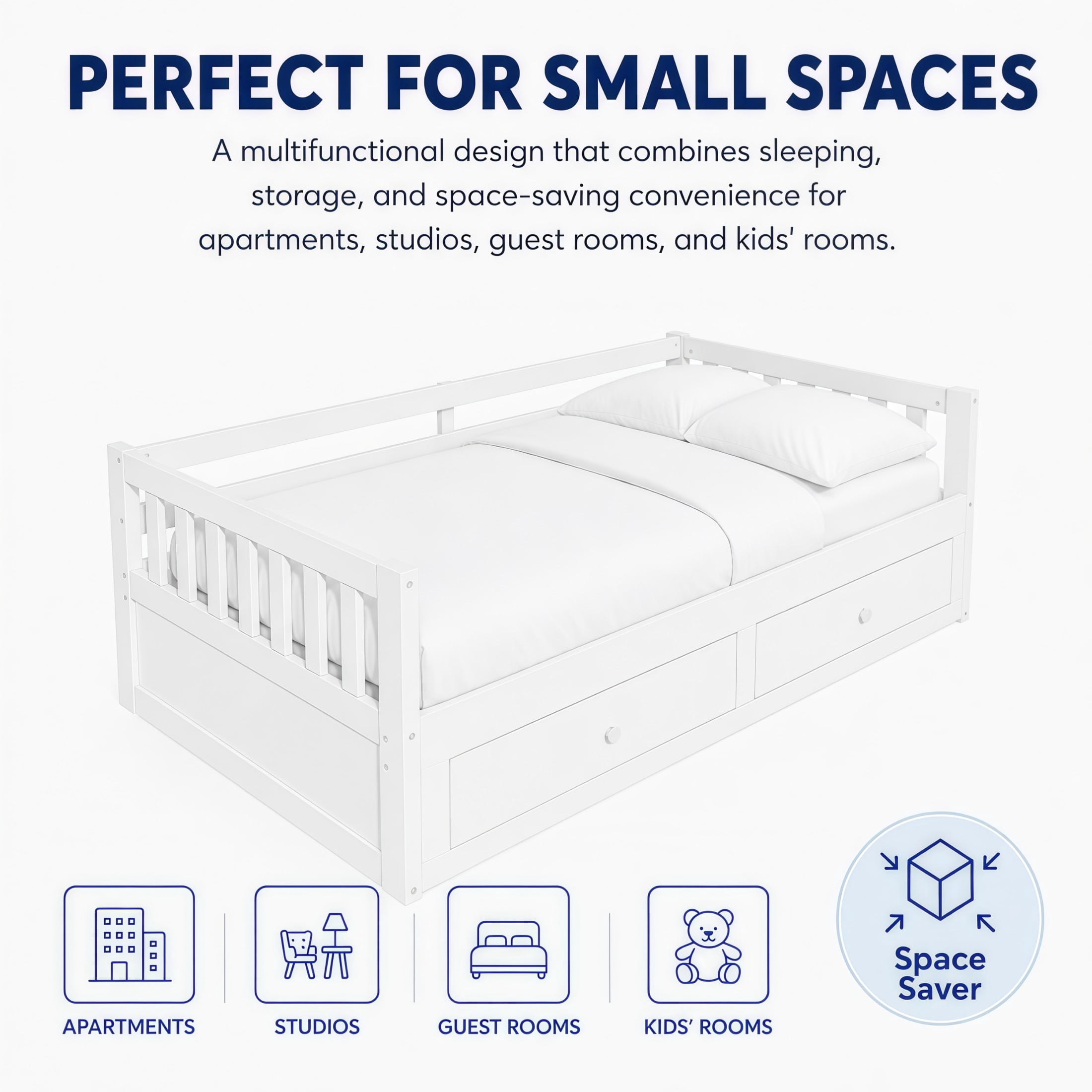 Noble House Twin to King Extendable Daybed with Pull-Out Trundle, 2 Drawers & Guardrails, White