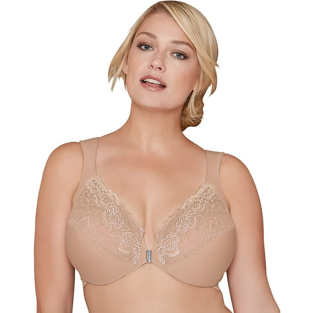 Bramour by Glamorise Womens Full Figure Plus Size Underwire Front Close  Rose Lace Bra-Brooklyn 7002 