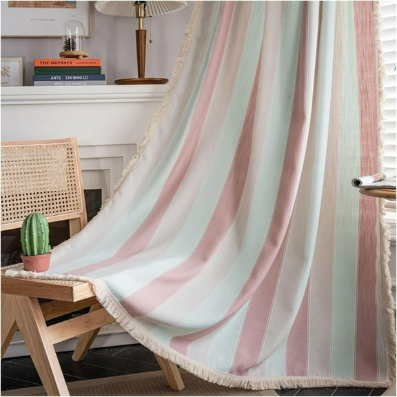 Vireellx Farmhouse Blackout Curtains，Contrasting Stripes Cotton Linen Curtains, with White Tassel Rod Pocket Curtains, Living Room Bedroom Dining Room