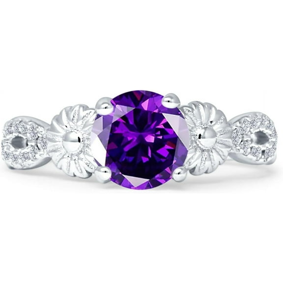 Vintage Style Sunflower Round Amethyst Cubic Zirconia White Tone 925 Sterling Silver, Size 5